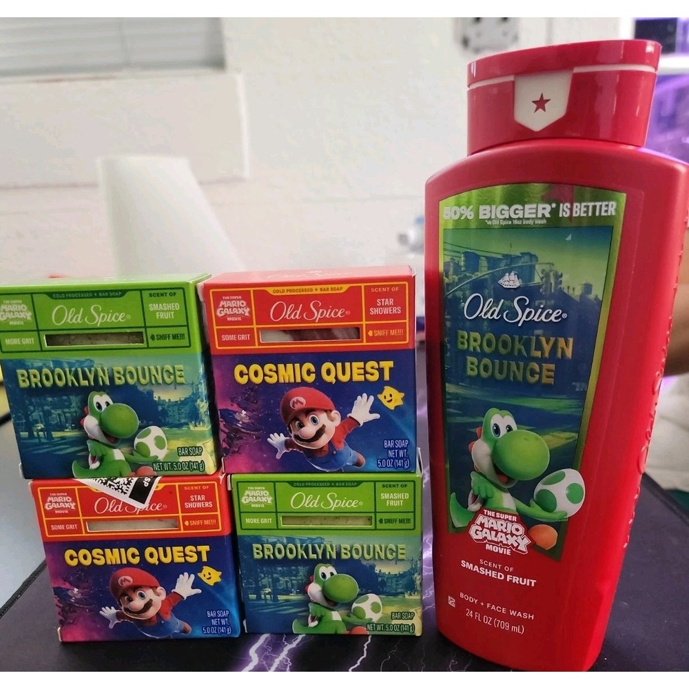 Lot of 5 Old Spice Super Mario Galaxy Movie Body + Face 24 Oz & Yoshi Bar Soap!